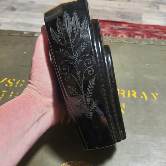 Antique Fostoria Black Ebony Glass Etched Fern Gold Trim Vintage Art Deco Vase - Picture 4 of 12